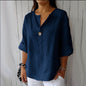 V-neck Long-sleeved T-shirt Fashion Loose Cotton And Linen Button Tops For Women